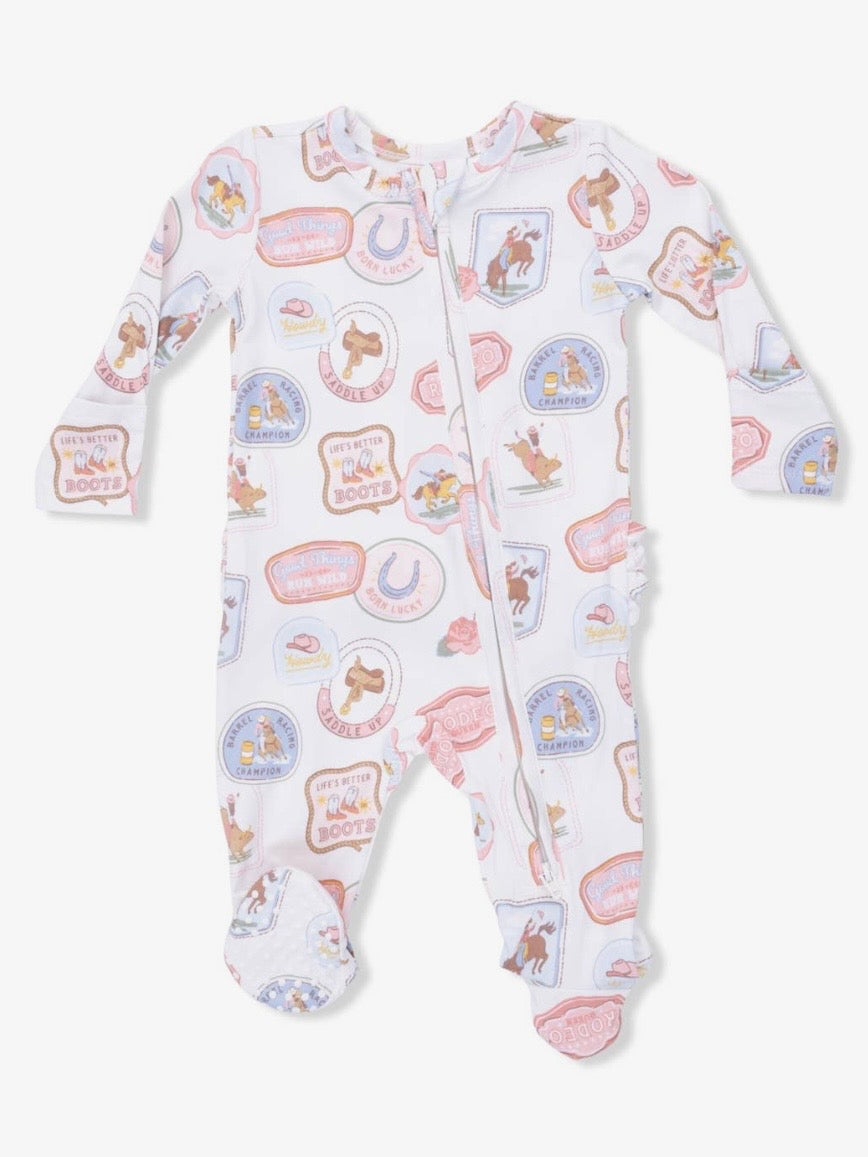 Rodeo Patches- 2 Way Ruffle Back Zipper Bamboo Footsie in Pink
