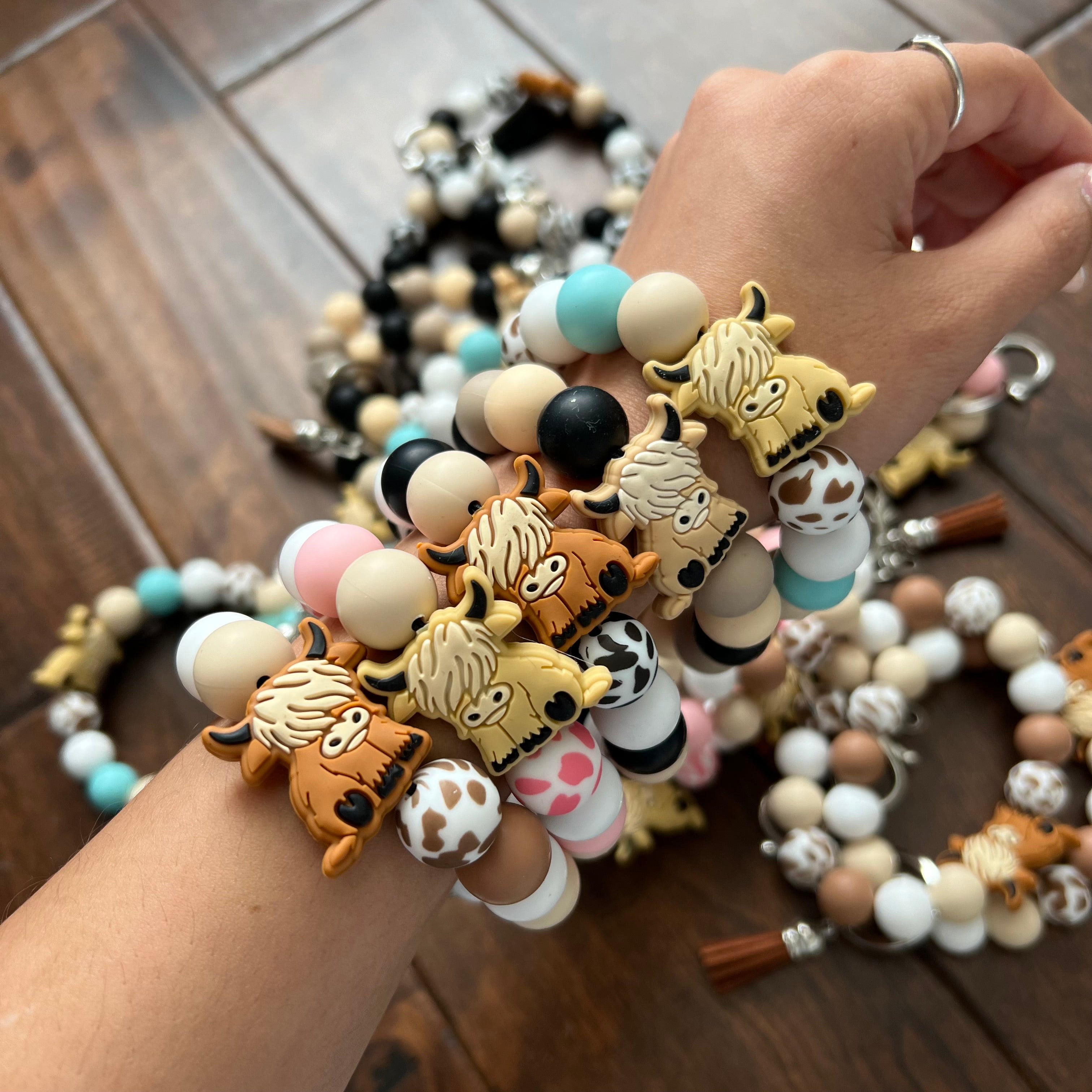 Silicone Cow Bead Keychain Bracelet