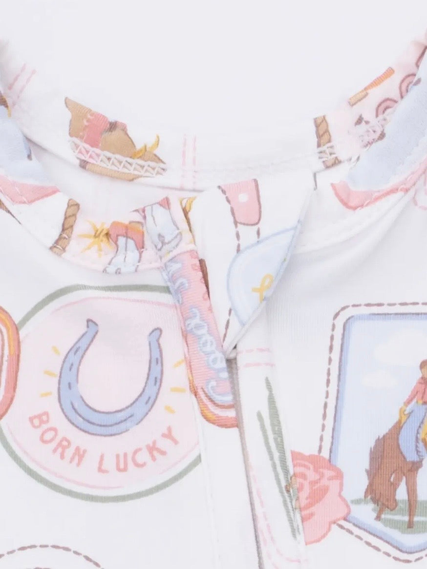 Rodeo Patches- 2 Way Ruffle Back Zipper Bamboo Footsie in Pink