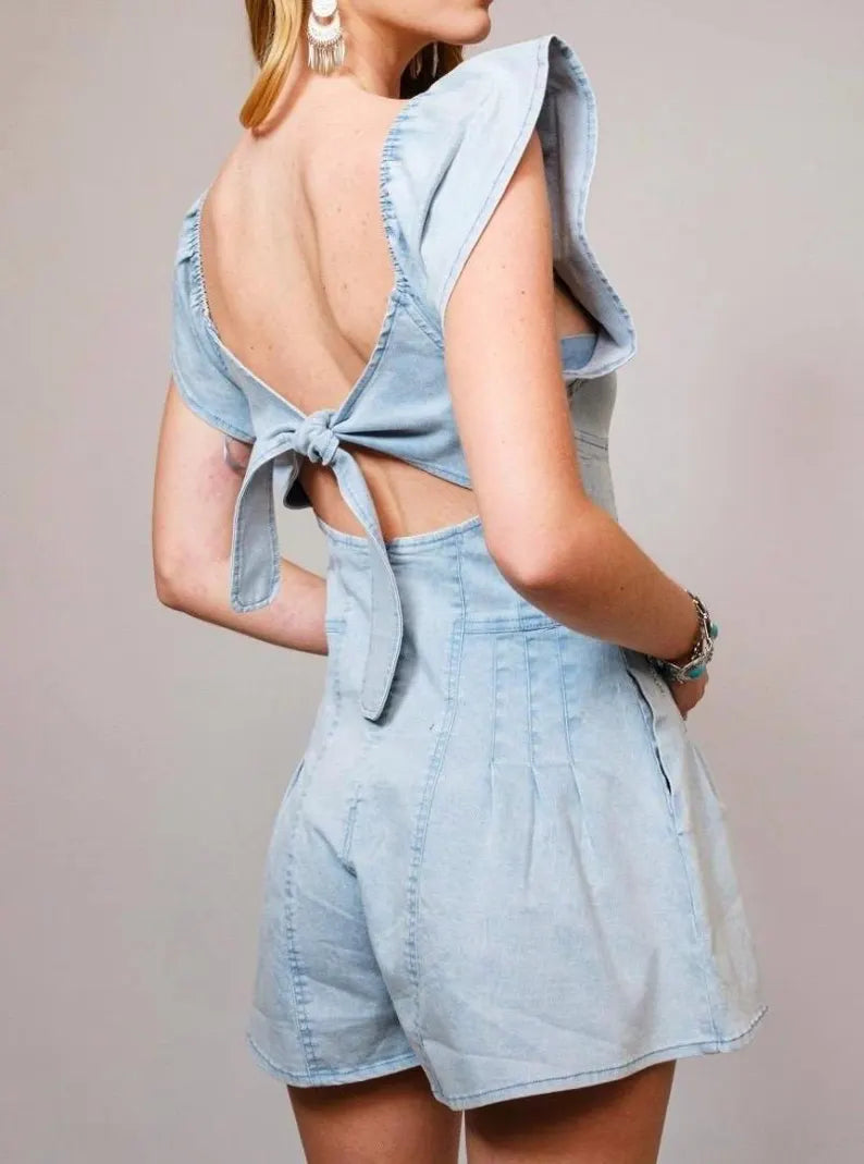 Western Denim Tie-Back Romper