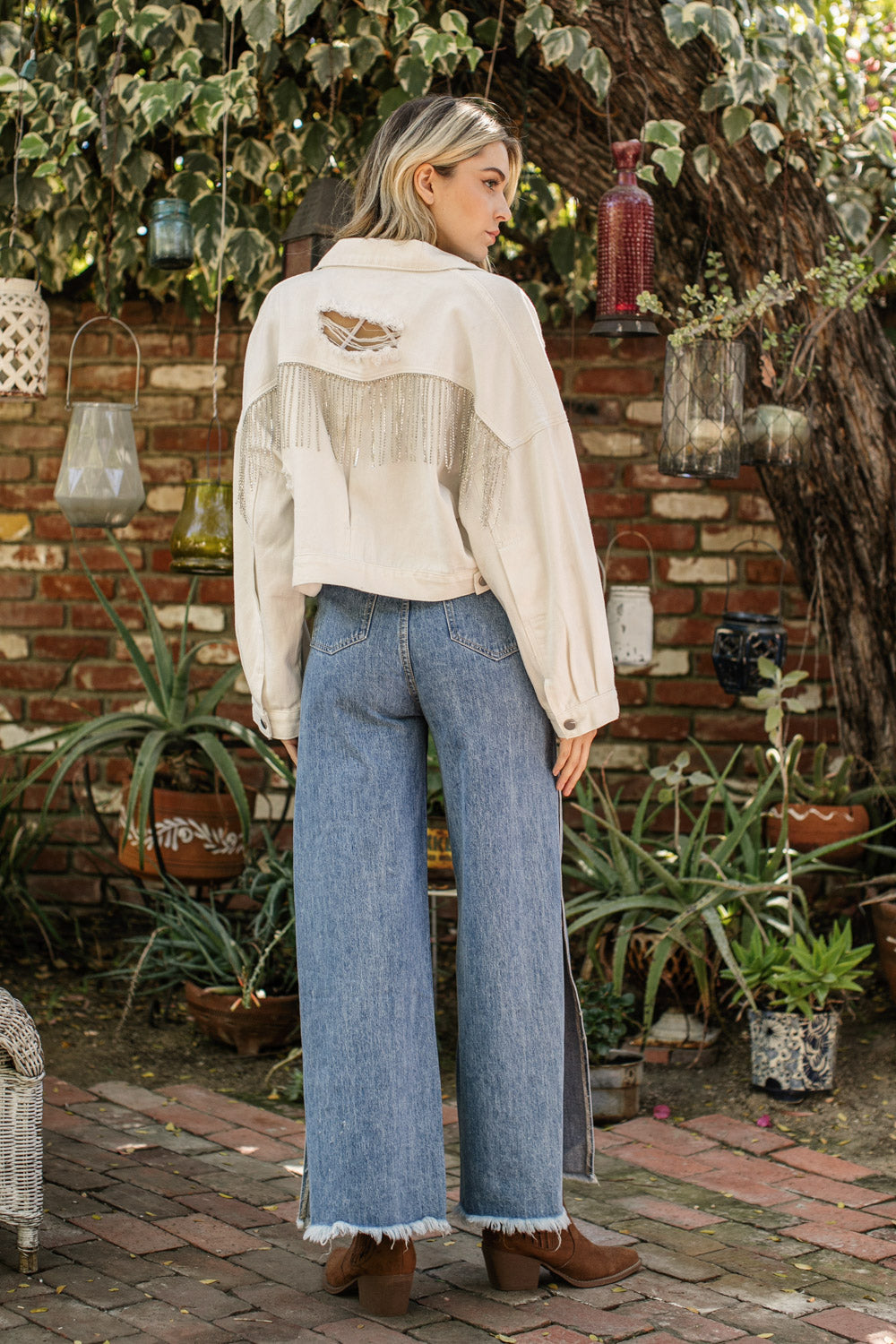 Fringe Rhinestone Denim Jacket- Cream