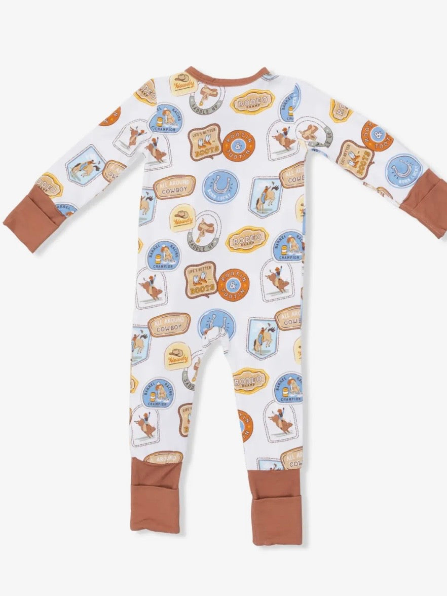 Rodeo Patches- Fold Over Zip Bamboo Footsie Pajama in Brown