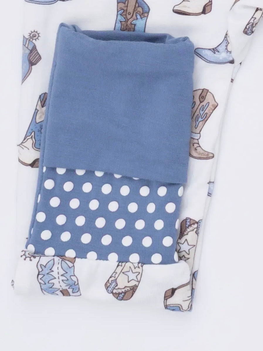 Cowboy Boots- Fold Over Zip Bamboo Footsie Pajama- Blue