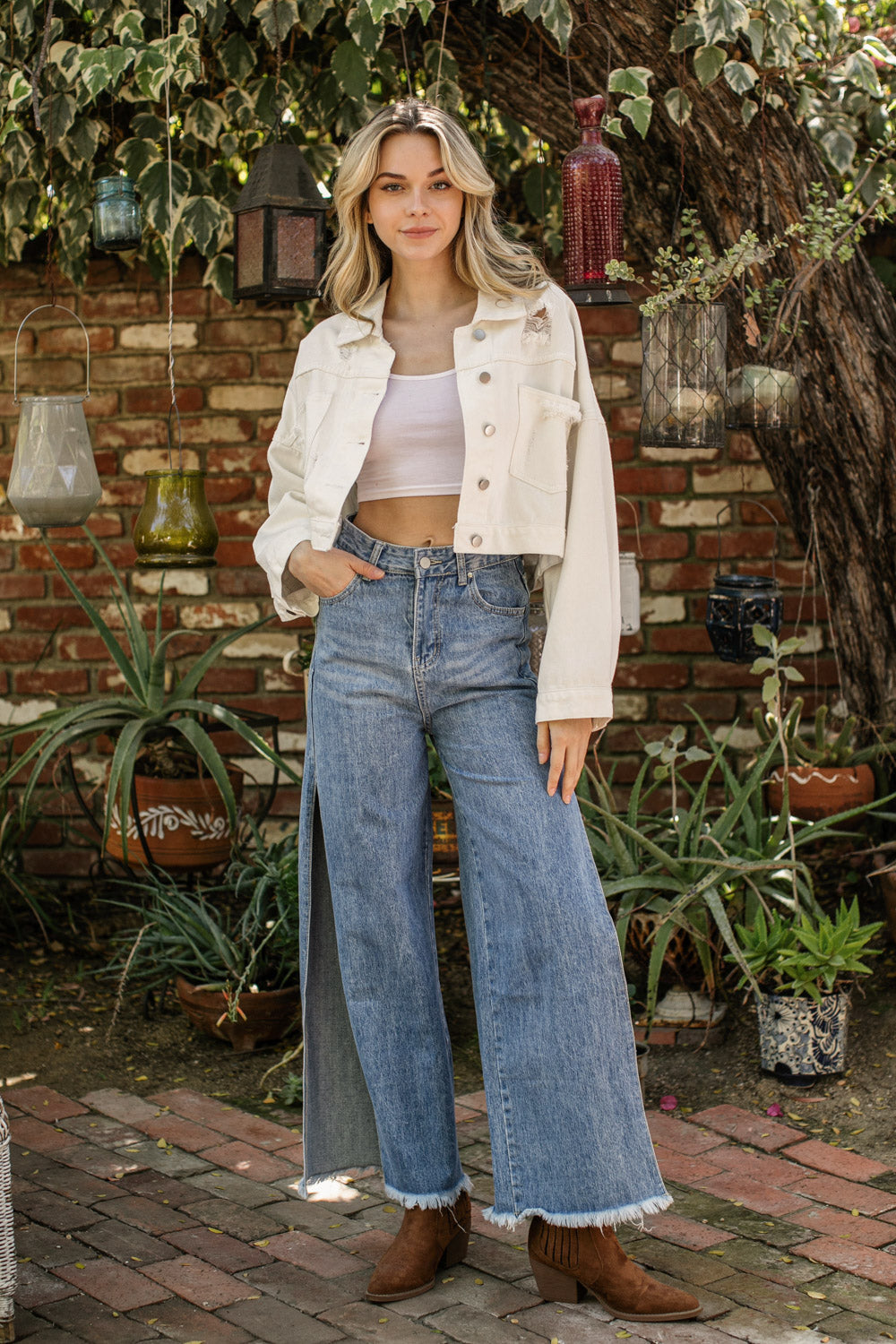 Fringe Rhinestone Denim Jacket- Cream