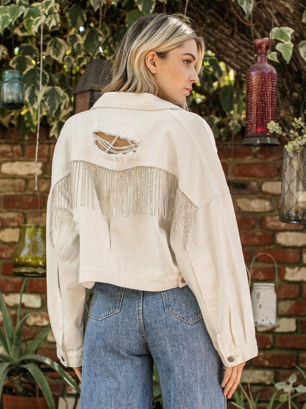 Fringe Rhinestone Denim Jacket- Cream