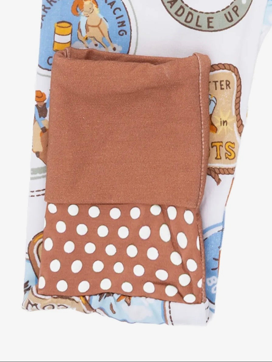 Rodeo Patches- Fold Over Zip Bamboo Footsie Pajama in Brown