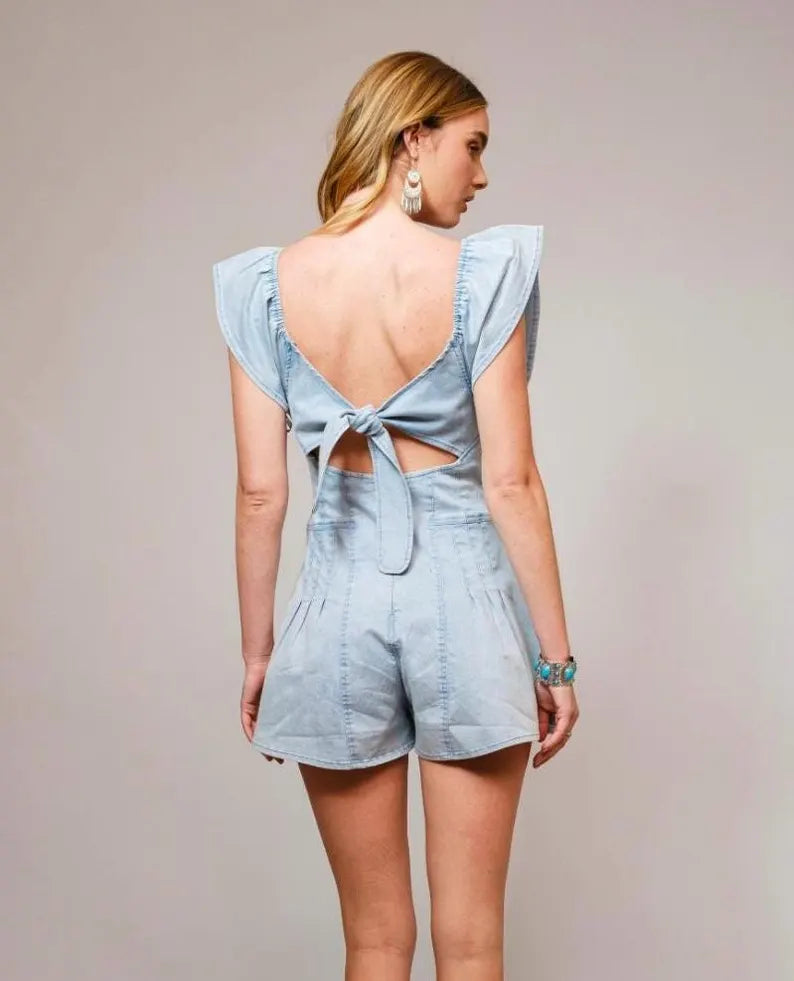 Western Denim Tie-Back Romper