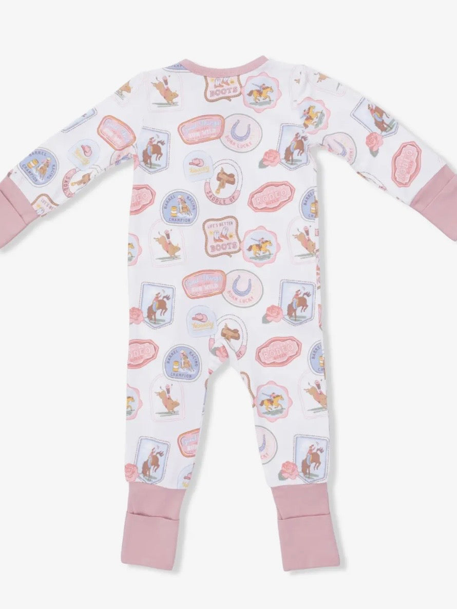 Rodeo Patches- Fold Over Zip Bamboo Footsie Pajama in Pink