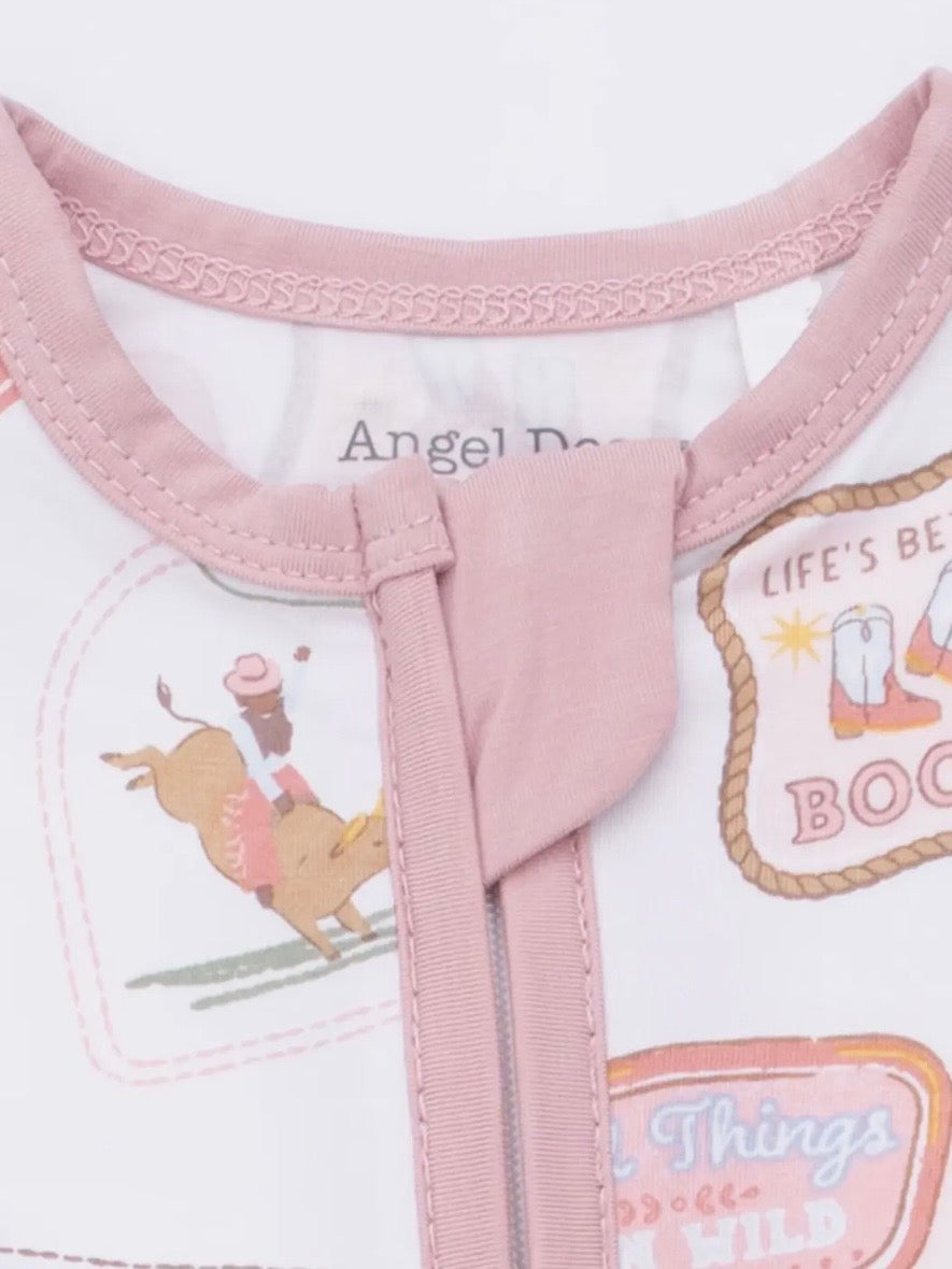Rodeo Patches- Fold Over Zip Bamboo Footsie Pajama in Pink
