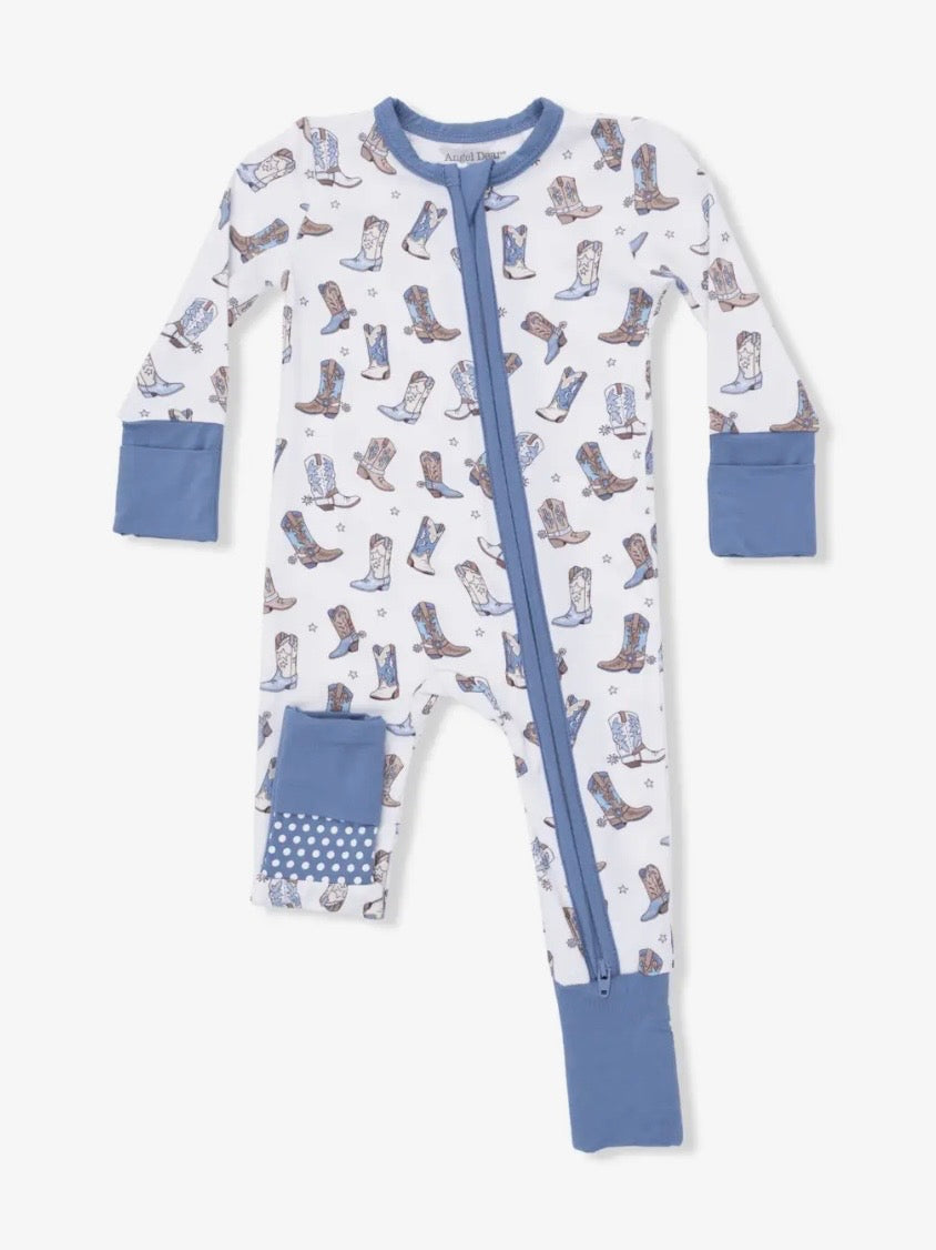 Cowboy Boots- Fold Over Zip Bamboo Footsie Pajama- Blue