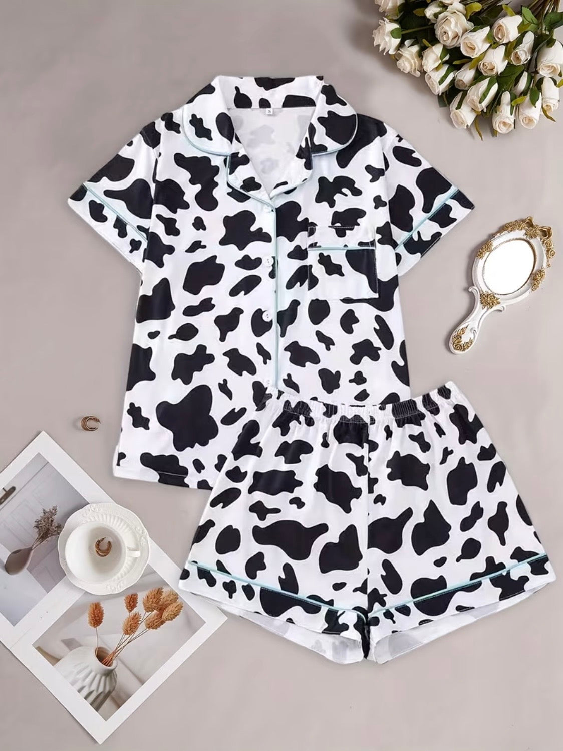 Black Cow Print Pajamas