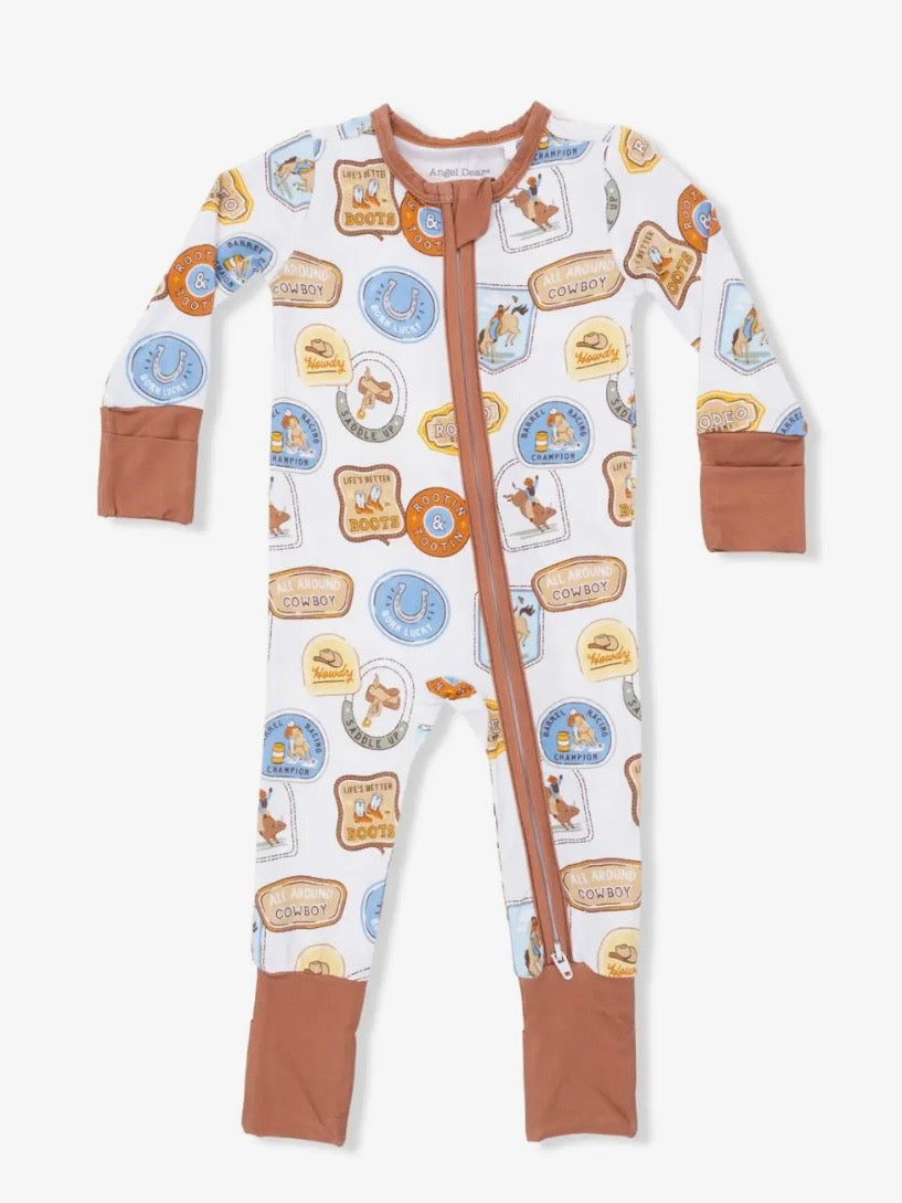 Rodeo Patches- Fold Over Zip Bamboo Footsie Pajama in Brown