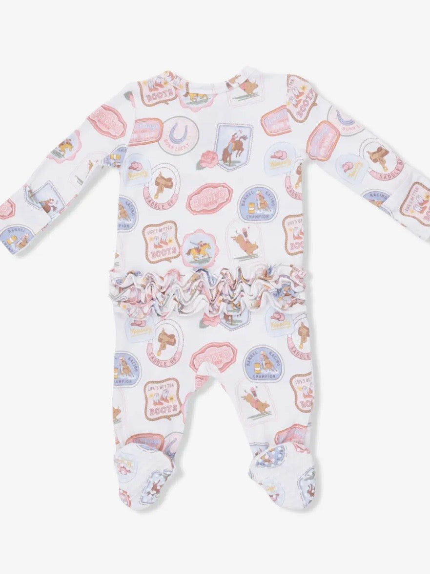 Rodeo Patches- 2 Way Ruffle Back Zipper Bamboo Footsie in Pink