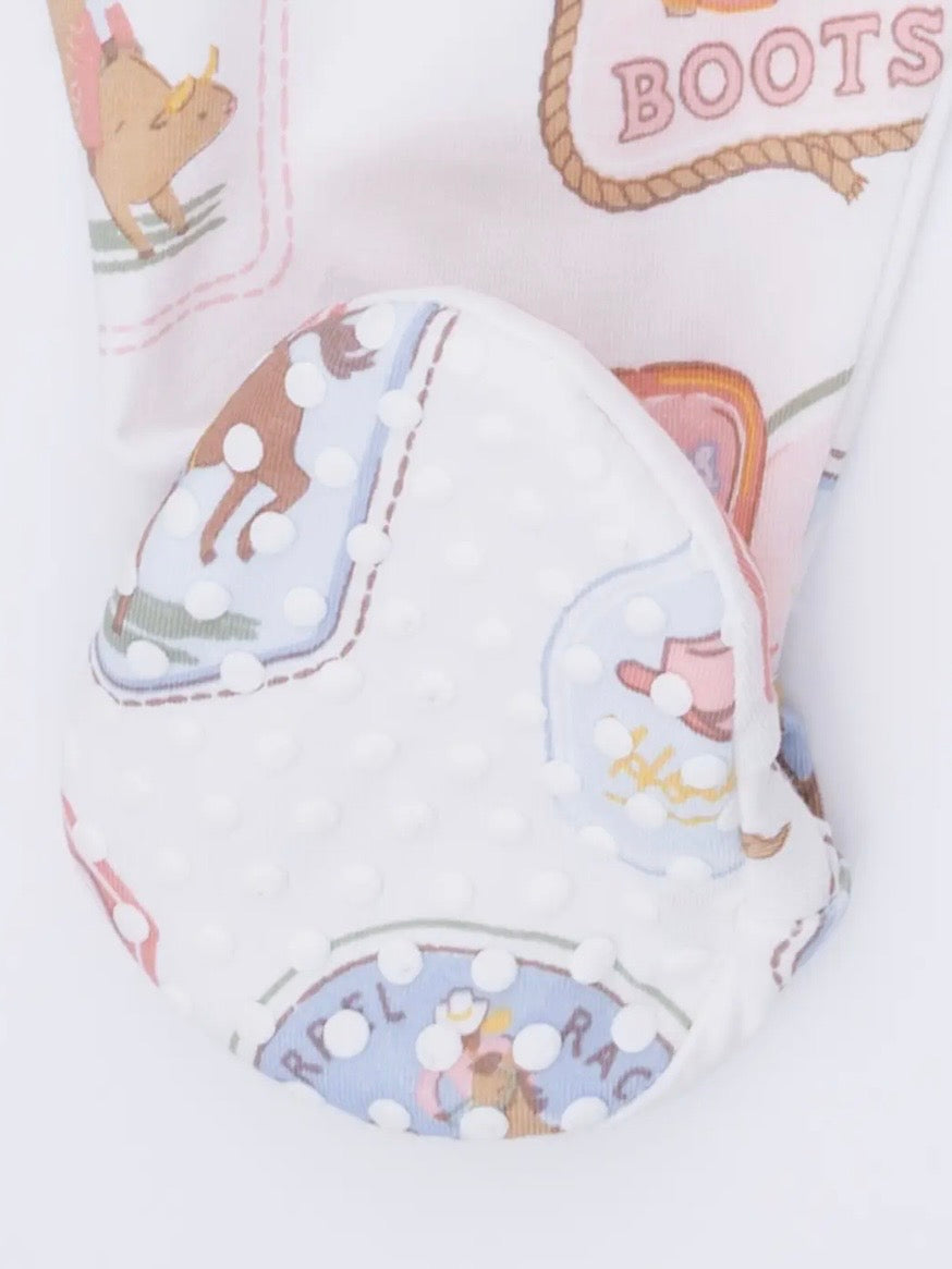 Rodeo Patches- 2 Way Ruffle Back Zipper Bamboo Footsie in Pink