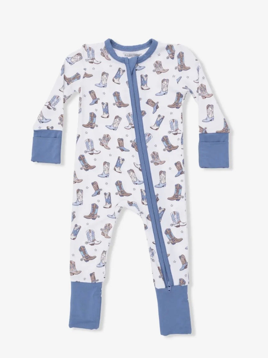 Cowboy Boots- Fold Over Zip Bamboo Footsie Pajama- Blue