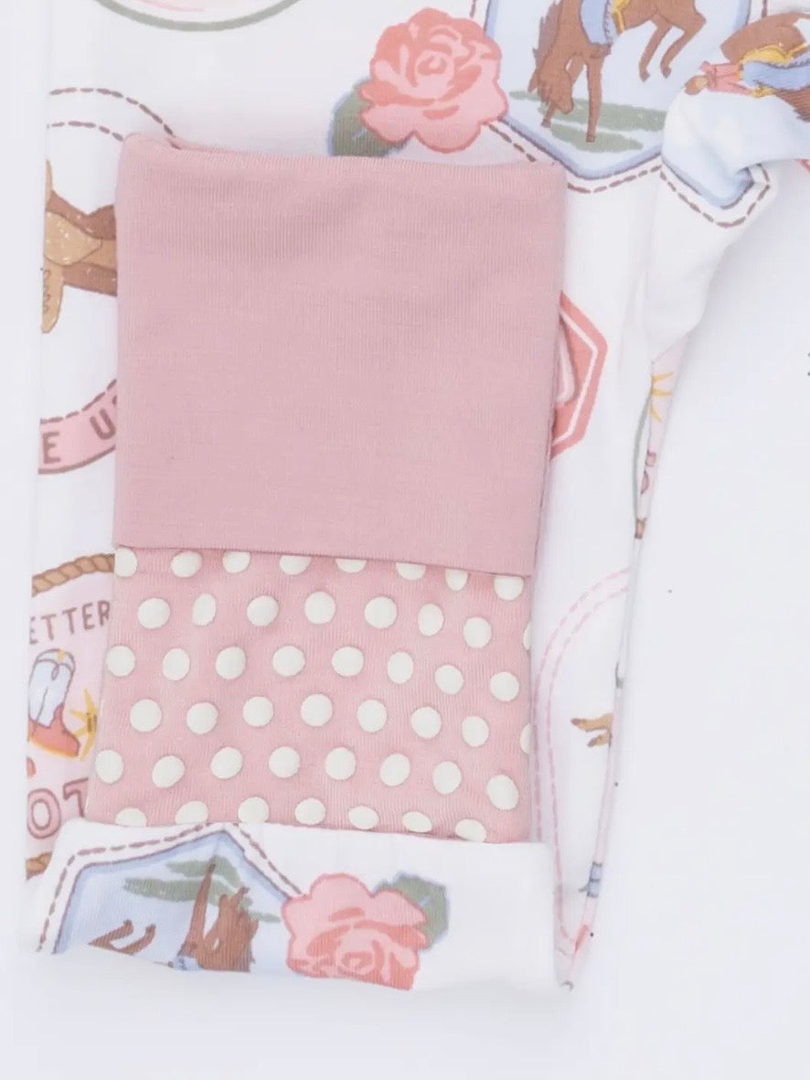 Rodeo Patches- Fold Over Zip Bamboo Footsie Pajama in Pink