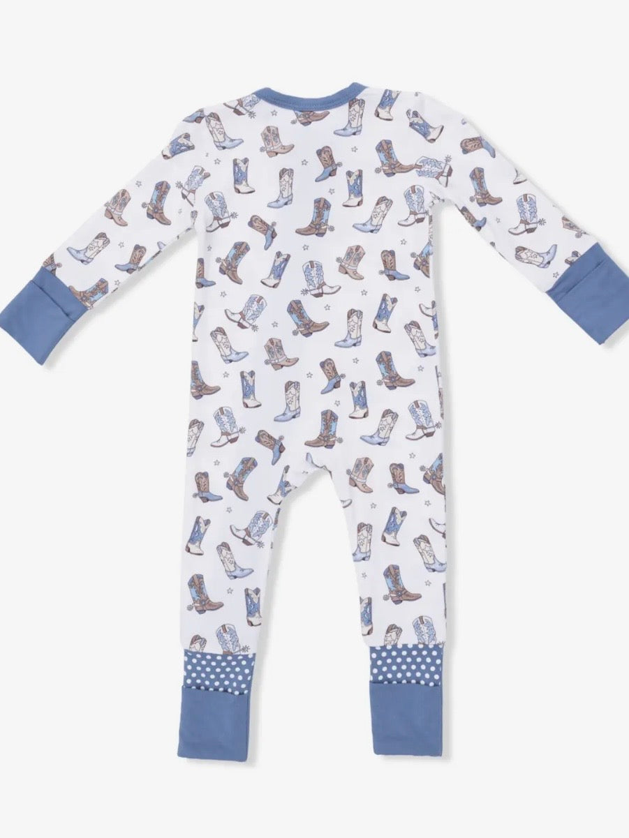 Cowboy Boots- Fold Over Zip Bamboo Footsie Pajama- Blue