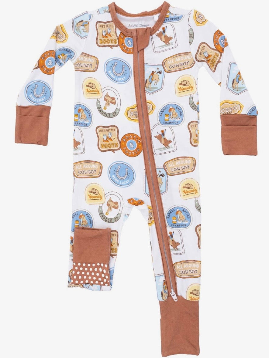 Rodeo Patches- Fold Over Zip Bamboo Footsie Pajama in Brown